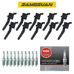 Ignition Coil & NGK Spark Plug 10PCS 1997-2017 for Ford/ Mercury/ Lincoln V8 V10